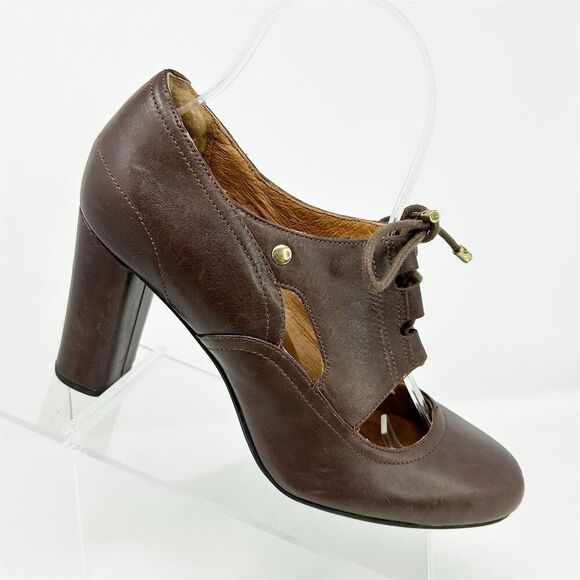 Clarks Indigo Women's Brown Leather Lace-Up Block Heel Shoes Size 7 Round Toe - Picture 1 of 12